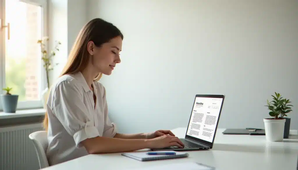 Une jeune femme professionnelle crée un CV gratuitement sur son ordinateur portable dans un bureau à domicile lumineux et épuré