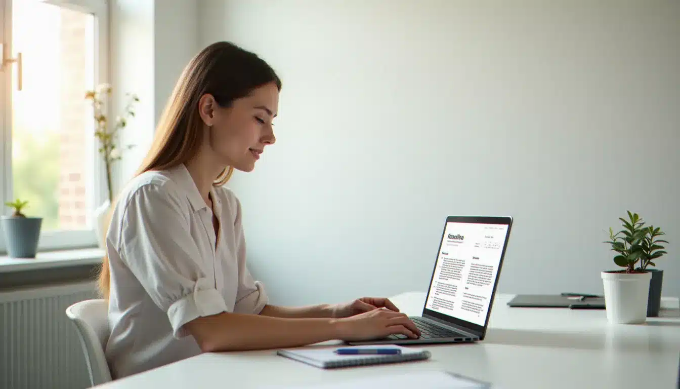 Une jeune femme professionnelle crée un CV gratuitement sur son ordinateur portable dans un bureau à domicile lumineux et épuré