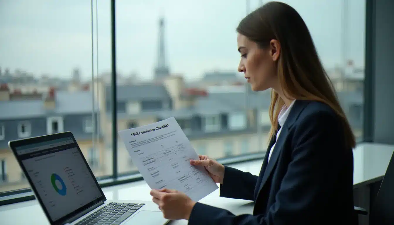 Professionnelle parisienne vérifiant la conformité RGPD pour sa stratégie data marketing, illustration des contraintes réglementaires en marketing digital