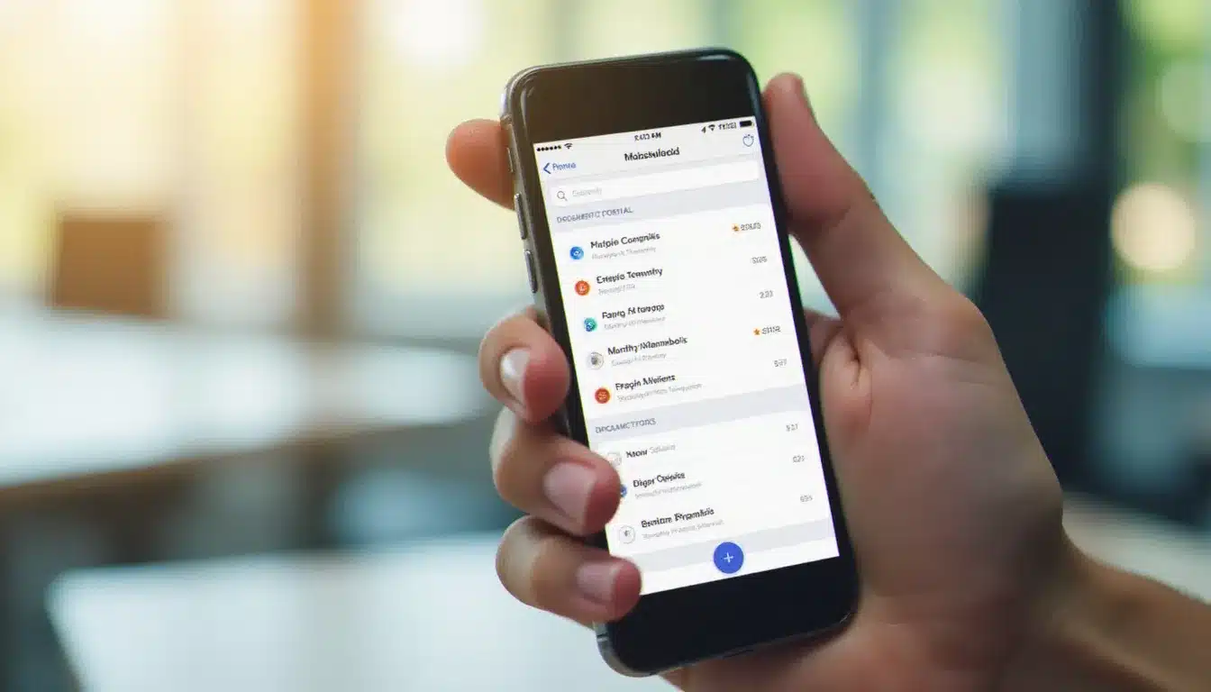 Accès aux bulletins de paie numérisés sur une application mobile de coffre-fort numérique, illustrant la consultation d'un digiposte bulletin de paie depuis un smartphone