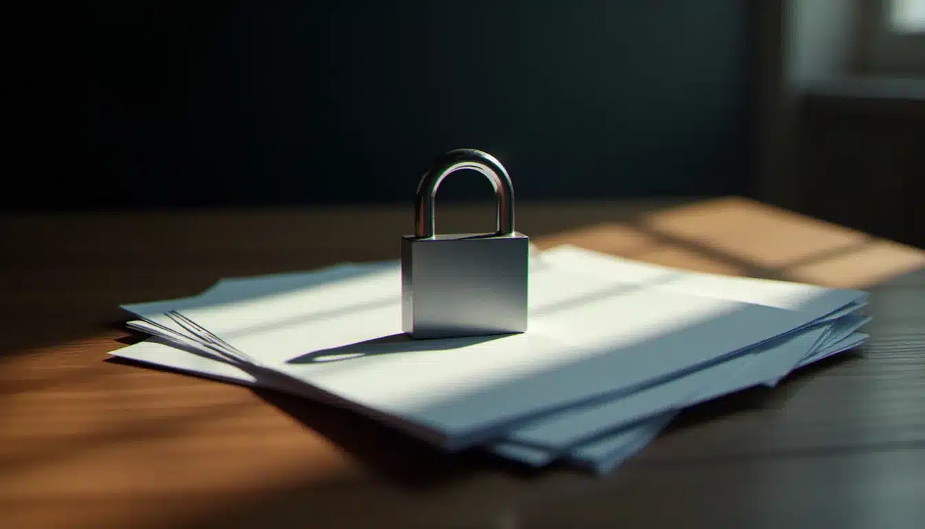Un cadenas métallique posé sur des documents administratifs empilés, symbolisant la sécurité du coffre-fort numérique pour stocker les bulletins de paie en ligne