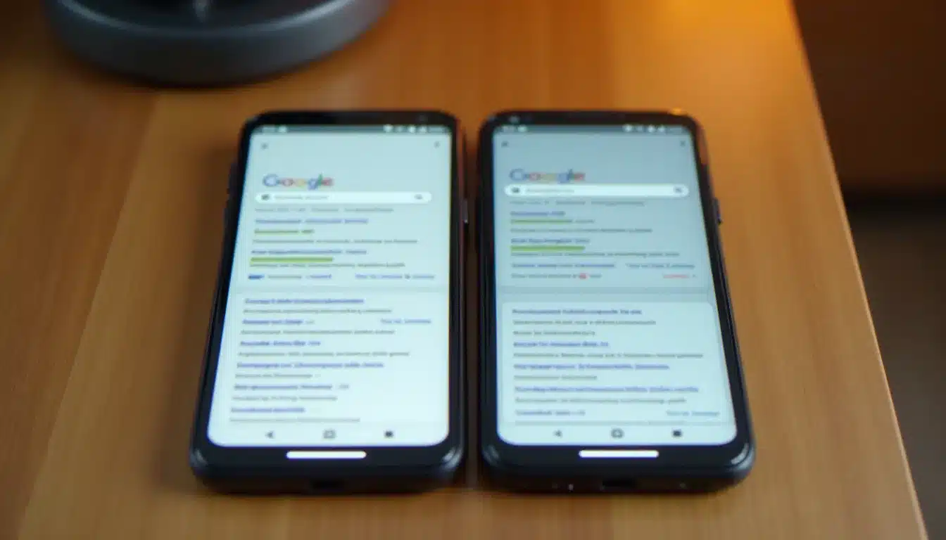 Comparaison côte à côte de deux smartphones affichant des résultats de recherche Google en anglais et en français