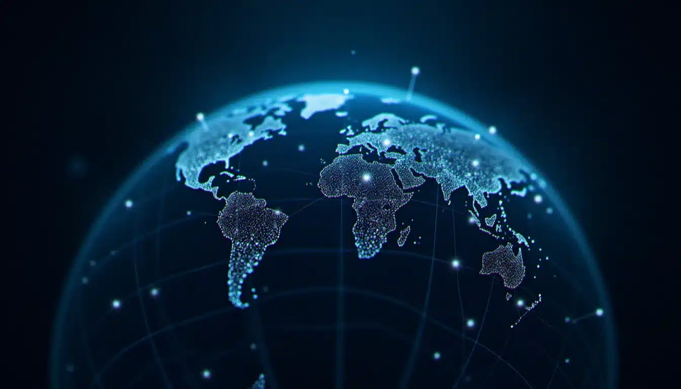 Globe numérique illuminé avec des connexions réseau mondiales illustrant l'accès à Google US depuis différents pays via internet