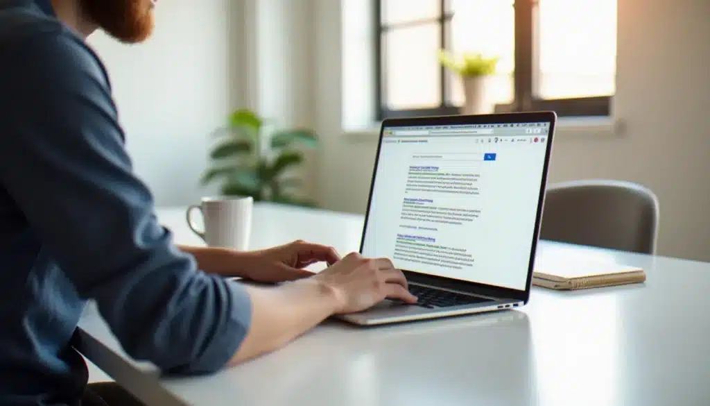 Personne effectuant une recherche sur Google US depuis un ordinateur portable dans un bureau moderne et lumineux