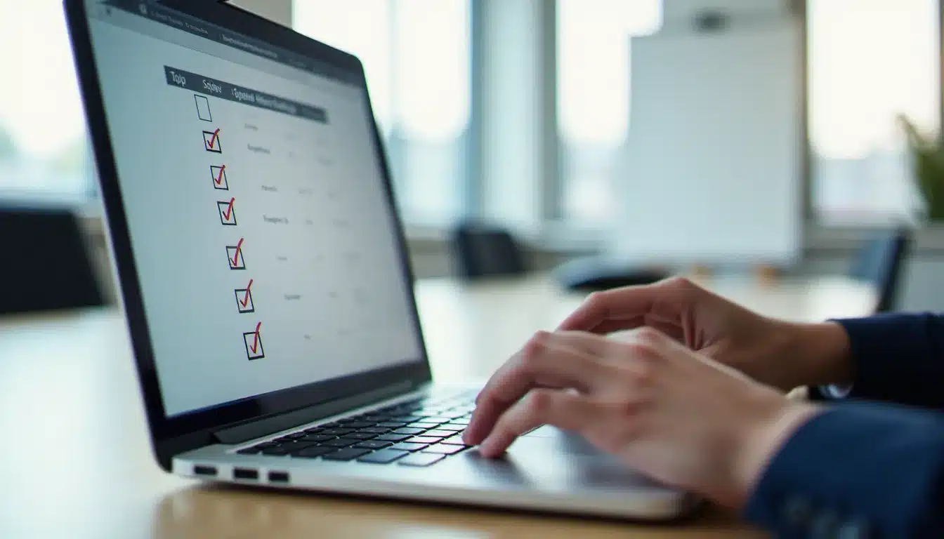 Professionnel évaluant des critères de sélection de logiciels entreprise com sur son ordinateur portable en salle de réunion