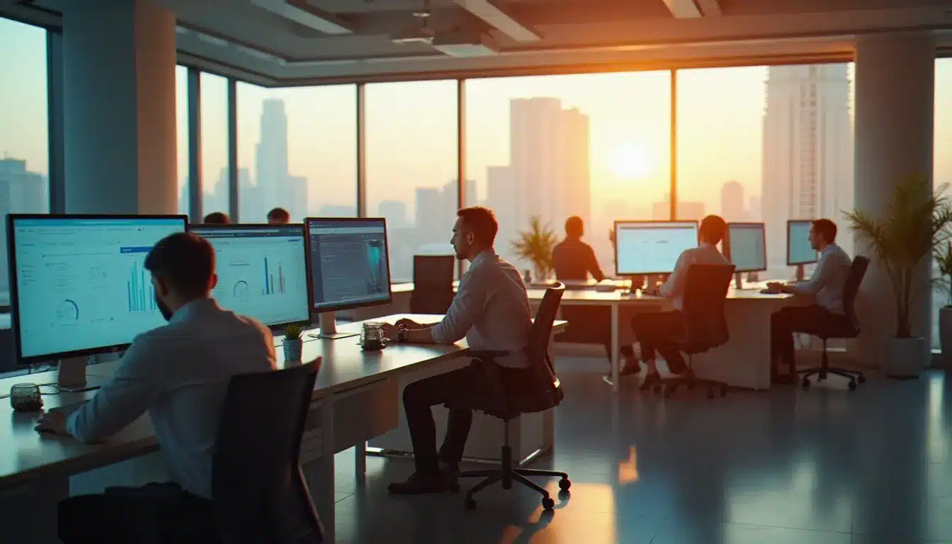 Équipe de professionnels utilisant des logiciels entreprise com sur plusieurs écrans dans un open-space moderne et lumineux