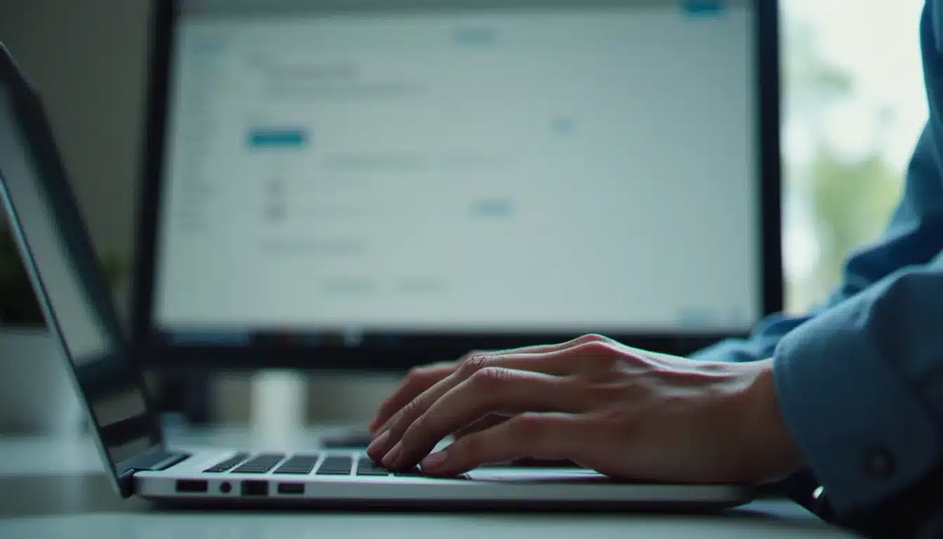 Mains tapant sur un clavier d'ordinateur portable lors de la configuration des paramètres IMAP d'une messagerie Orange dans un client mail