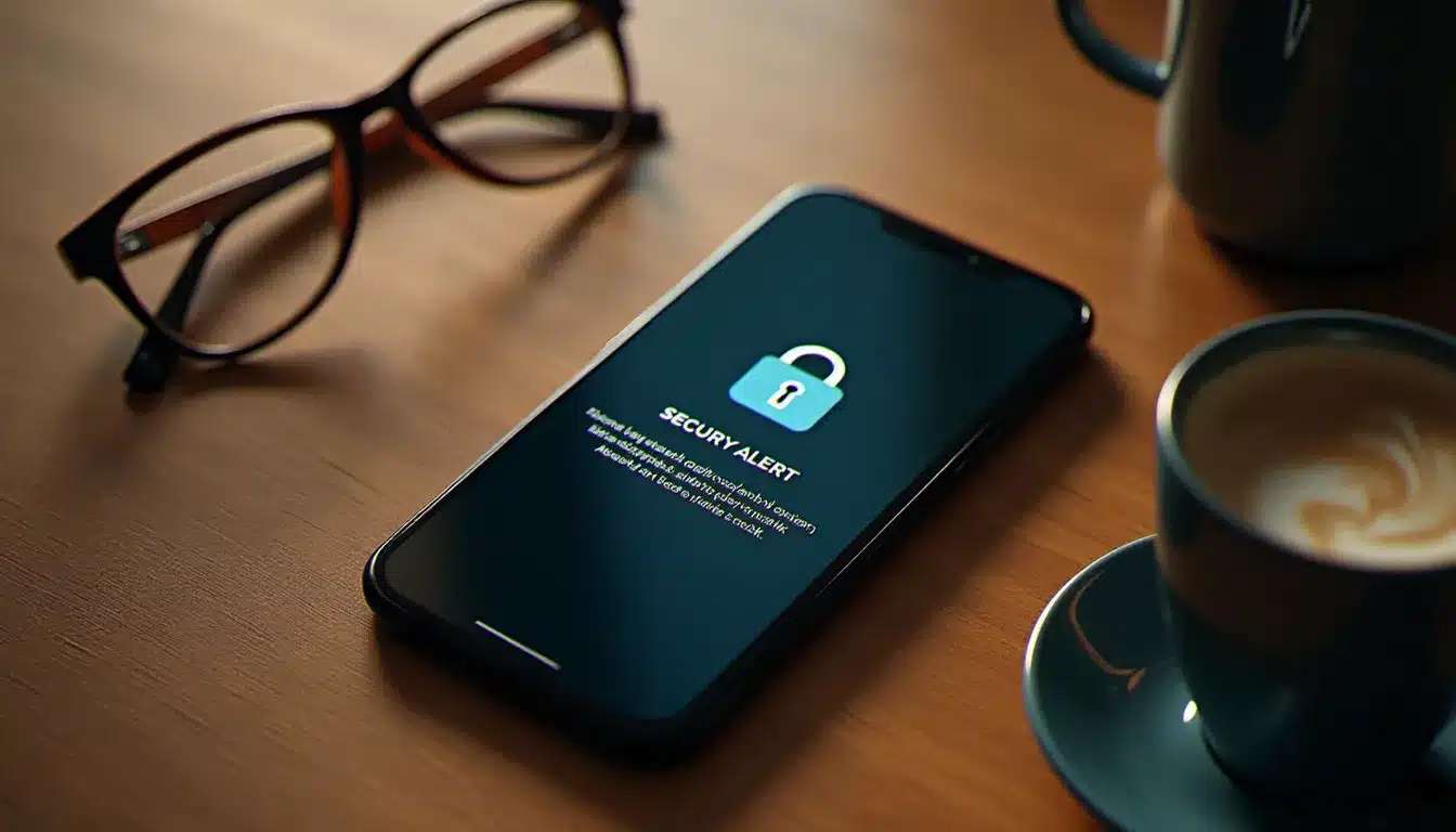 Smartphone posé sur un bureau en bois affichant une alerte de sécurité de messagerie à côté d'une tasse de café fumante