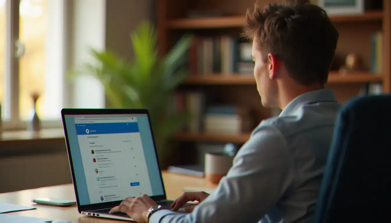 Personne consultant sa messagerie Orange sur un ordinateur portable posé sur un bureau de home office éclairé par la lumière naturelle