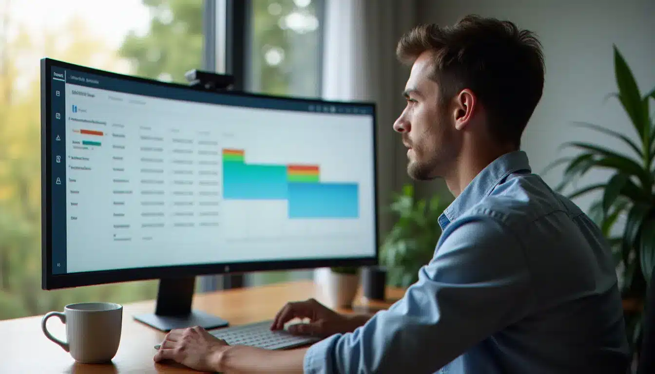Une personne consultant son tableau de bord my activity Google sur un grand écran d'ordinateur dans un bureau moderne éclairé naturellement