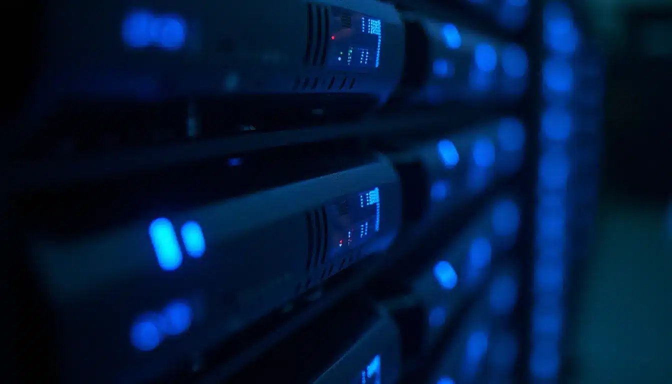 Serveur IMAP dans un datacenter hébergeant une installation Roundcube, rangées de serveurs avec voyants lumineux bleus