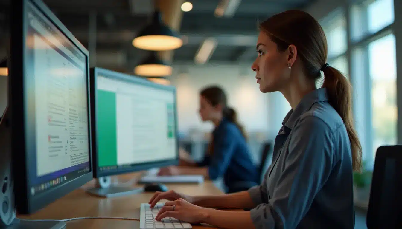 Professionnel comparant différentes interfaces de webmail sur un écran d'ordinateur, dont Roundcube, dans un bureau moderne