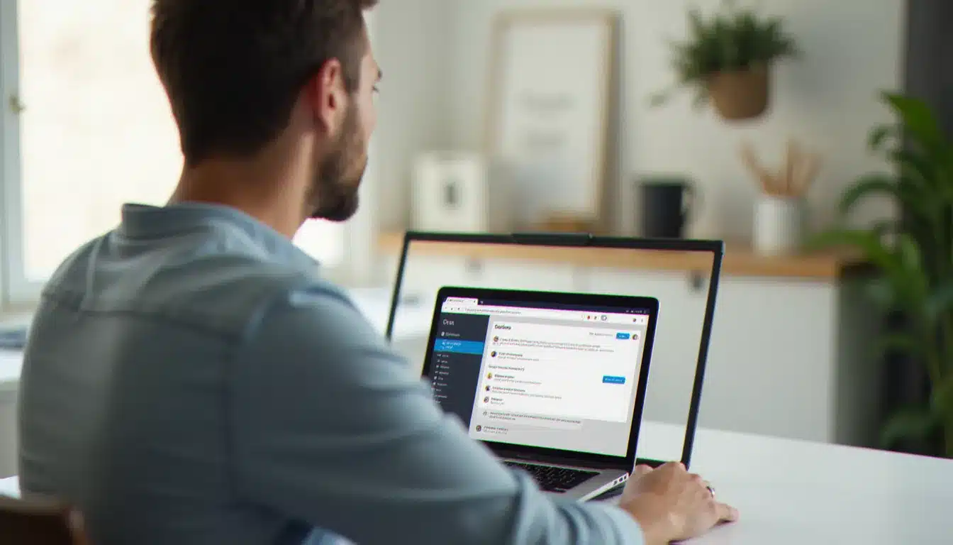 Personne utilisant une interface webmail Roundcube sur un ordinateur portable dans un bureau moderne éclairé naturellement