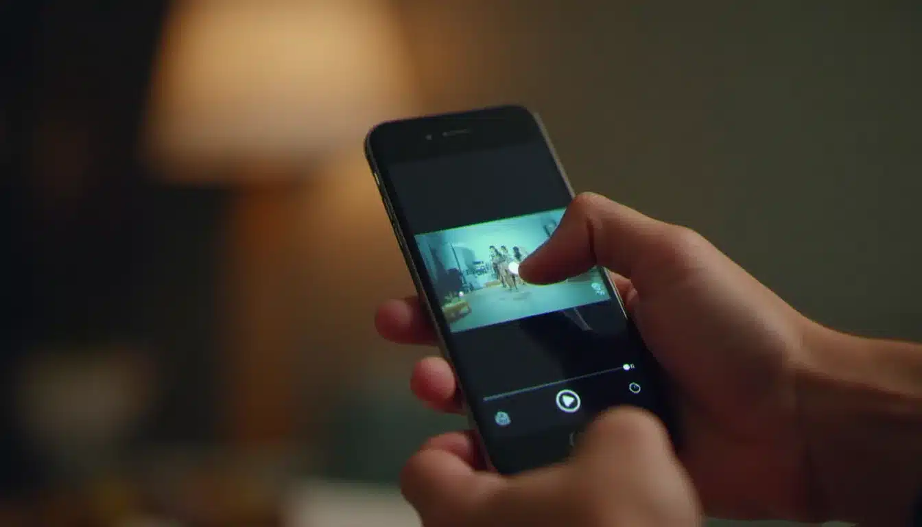 Main tenant un smartphone affichant une vidéo sur les réseaux sociaux avec l'icône de partage visible, illustrant le téléchargement d'une vidéo Twitter sur mobile