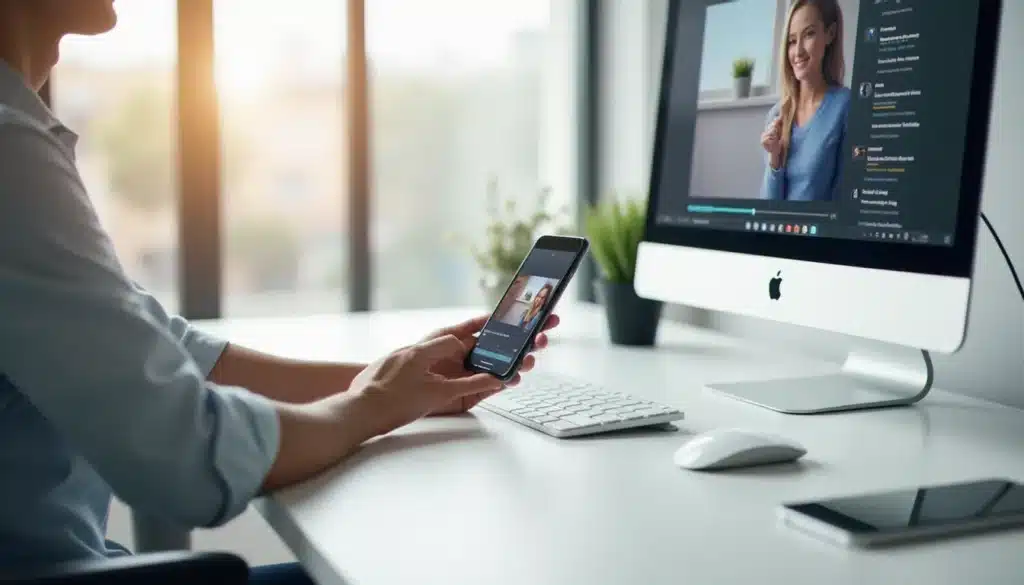 Personne téléchargeant une vidéo Twitter sur ordinateur de bureau et smartphone posés côte à côte sur un bureau moderne et épuré