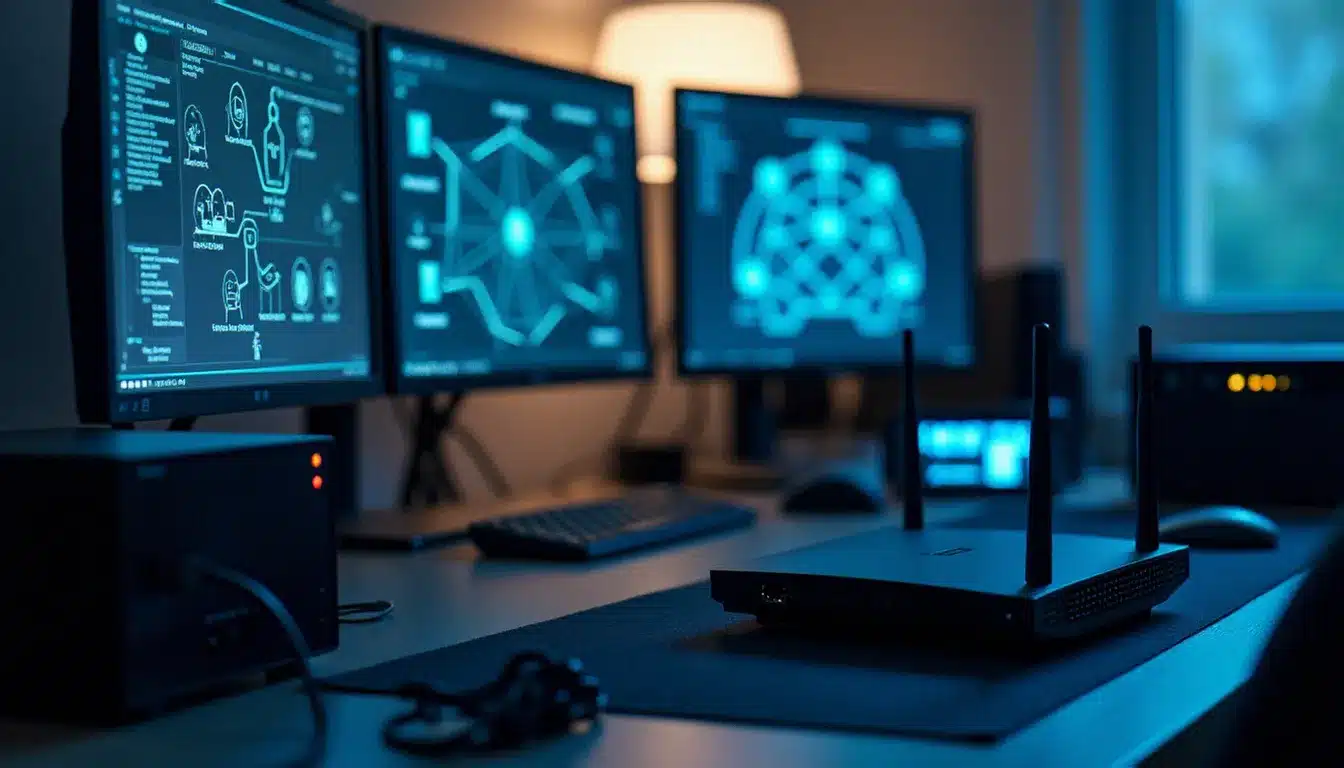 Bureau d'administration réseau avec plusieurs écrans affichant une topologie de réseau domestique, câbles Ethernet organisés et un NAS avec indicateurs lumineux