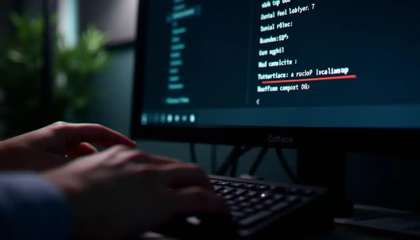 Mains sur un clavier en train de configurer une réservation DHCP sur l'interface d'administration d'un routeur, affichée sur un écran dans un environnement de bureau tamisé
