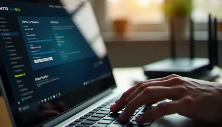 Une personne saisit l'adresse 192.168.1.86 dans un navigateur web sur un ordinateur portable, avec un routeur Wi-Fi visible en arrière-plan dans un bureau à domicile
