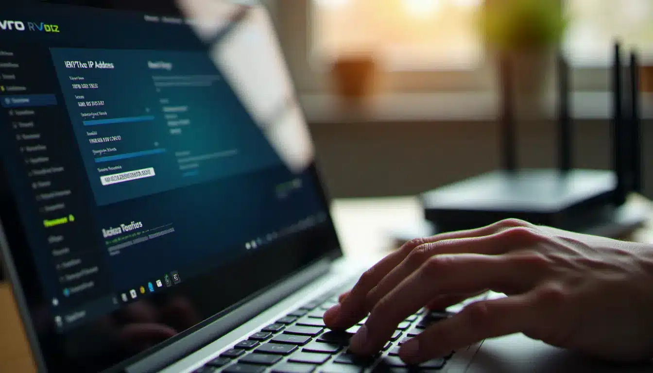 Une personne saisit l'adresse 192.168.1.86 dans un navigateur web sur un ordinateur portable, avec un routeur Wi-Fi visible en arrière-plan dans un bureau à domicile