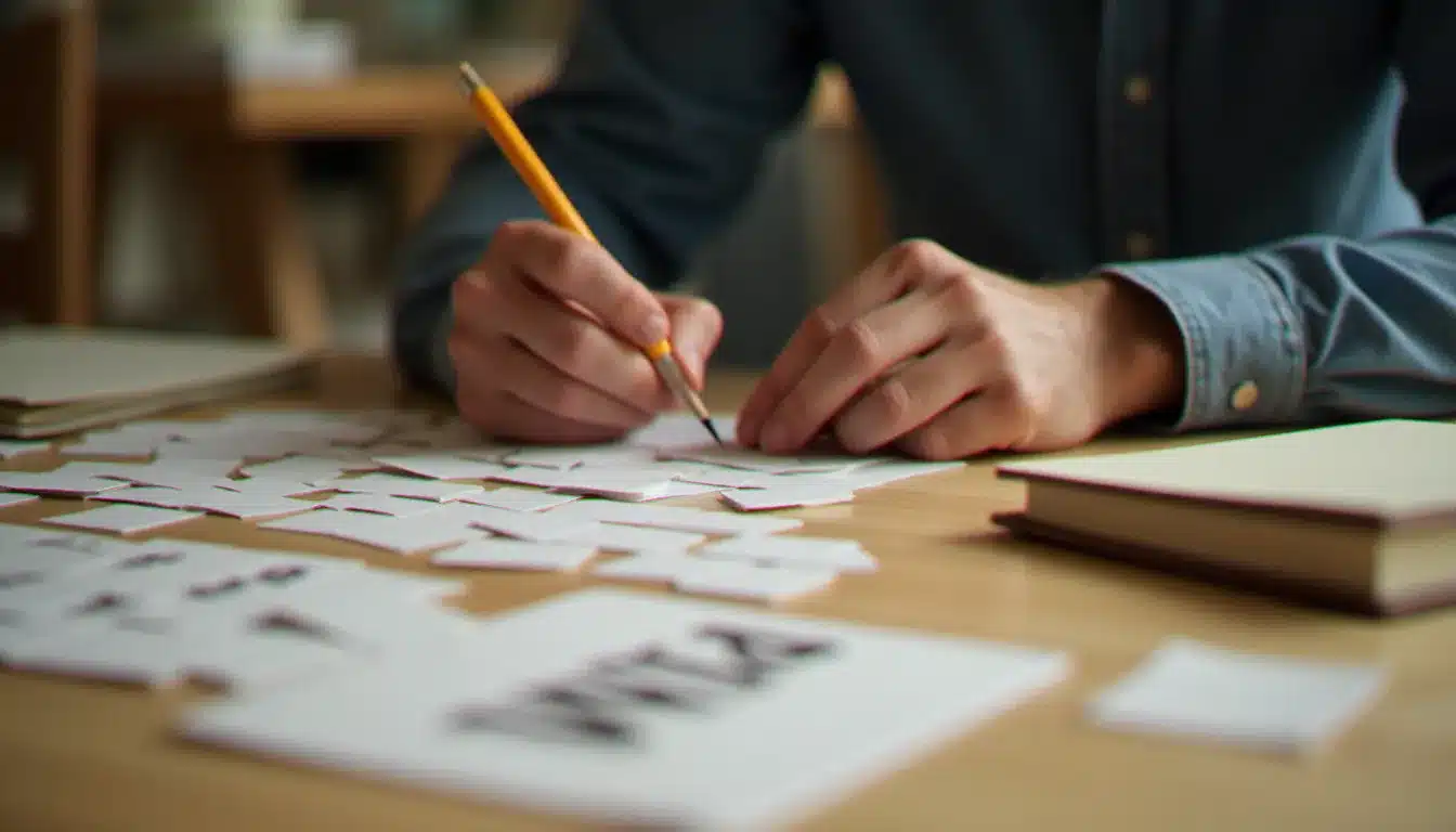 Homme réarrangeant à la main des lettres écrites sur des petits papiers pour créer un anagramme, méthode manuelle de composition de mots