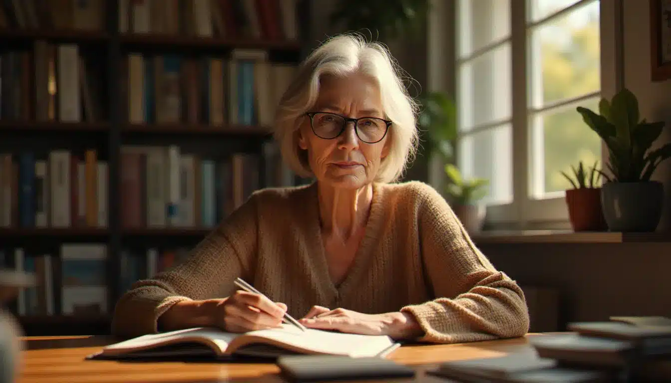 Femme concentrée consultant des dictionnaires dans une bibliothèque pour explorer l'histoire et les usages littéraires des anagrammes