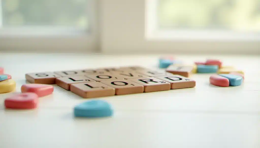 Lettres en bois colorées disposées sur une surface blanche illustrant le concept d'anagramme avec des lettres réarrangées en différentes combinaisons