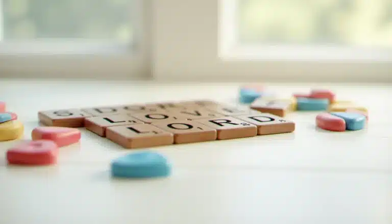 Lettres en bois colorées disposées sur une surface blanche illustrant le concept d'anagramme avec des lettres réarrangées en différentes combinaisons