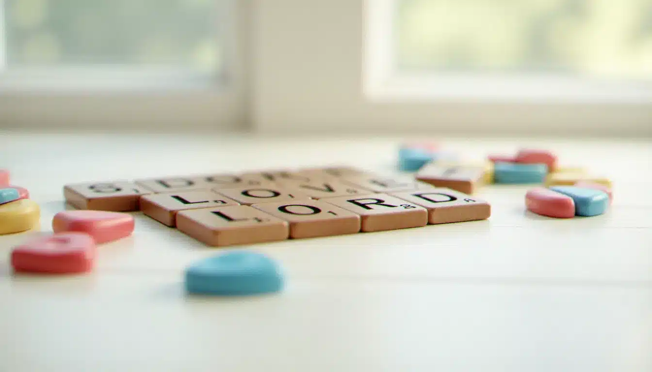 Lettres en bois colorées disposées sur une surface blanche illustrant le concept d'anagramme avec des lettres réarrangées en différentes combinaisons