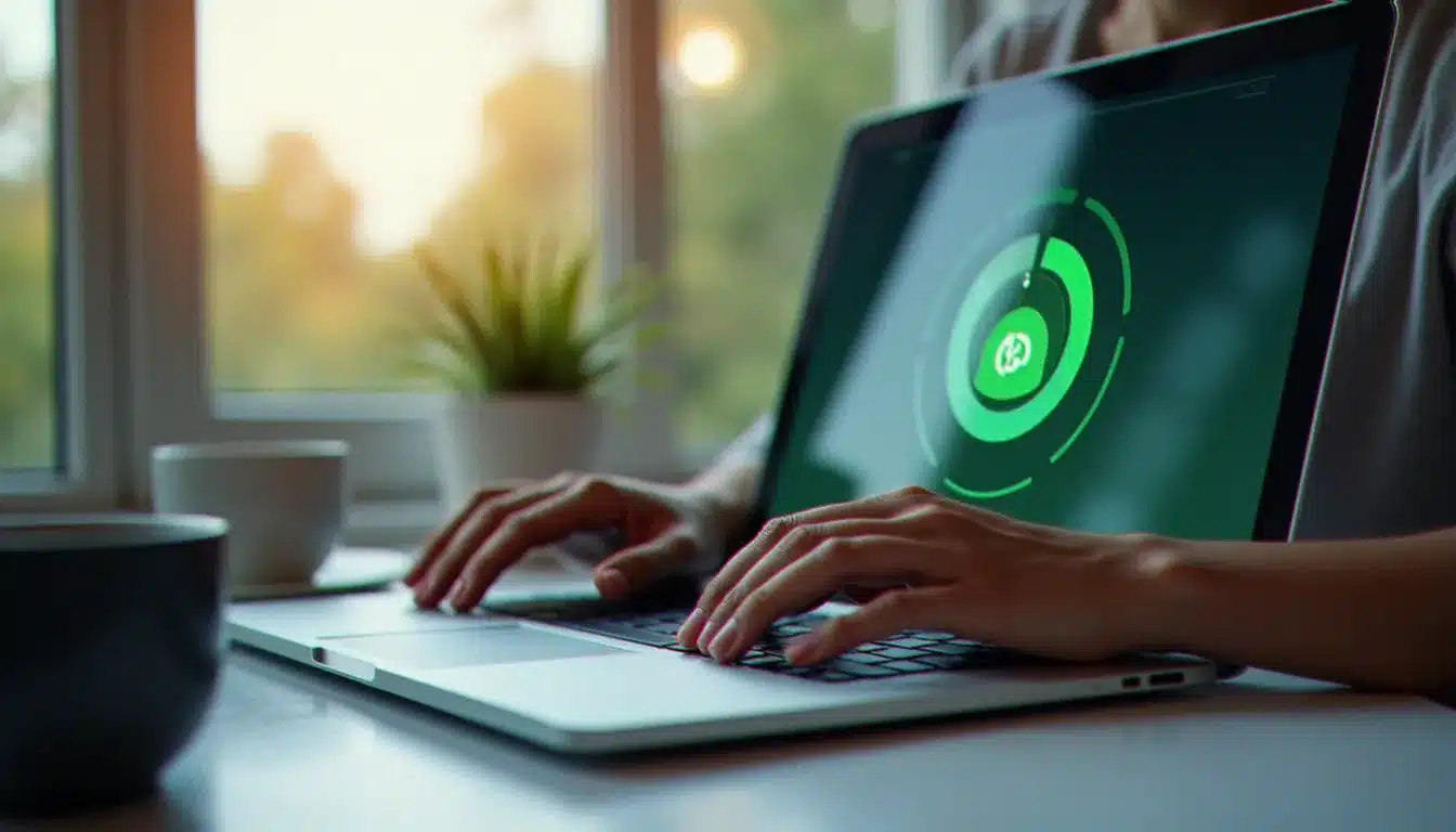 Mains posées sur un clavier d'ordinateur portable pendant qu'une analyse antivirus s'exécute en temps réel sur l'écran, illustrant la protection active au quotidien