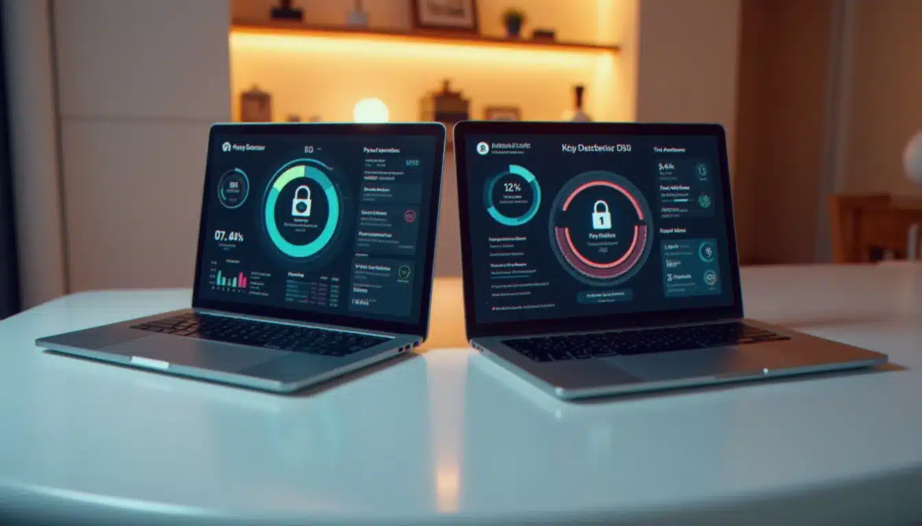 Deux ordinateurs portables côte à côte sur un bureau blanc comparant des tableaux de bord de sécurité différents, illustrant la comparaison entre solutions antivirus concurrentes