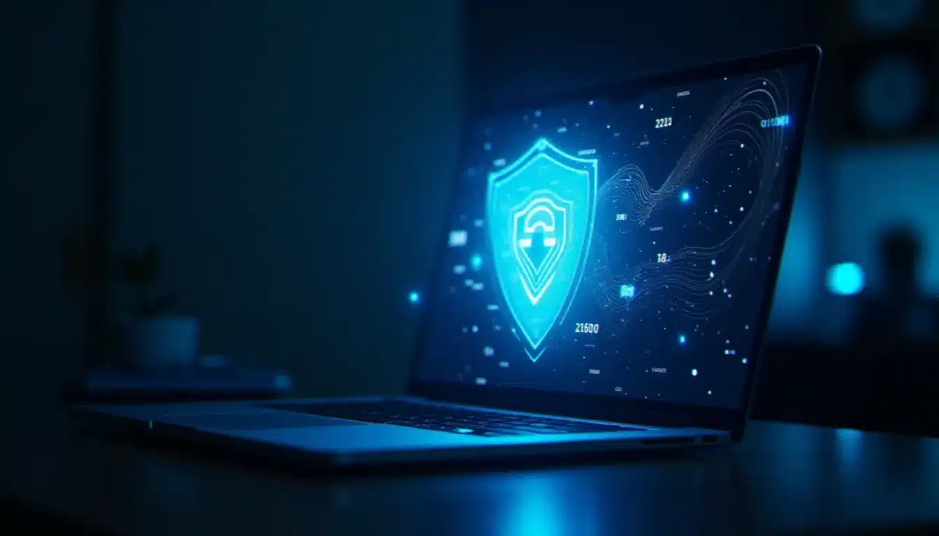 Un bouclier numérique lumineux bleu au-dessus d'un ordinateur portable symbolisant la protection offerte par un antivirus Kaspersky dans un environnement connecté