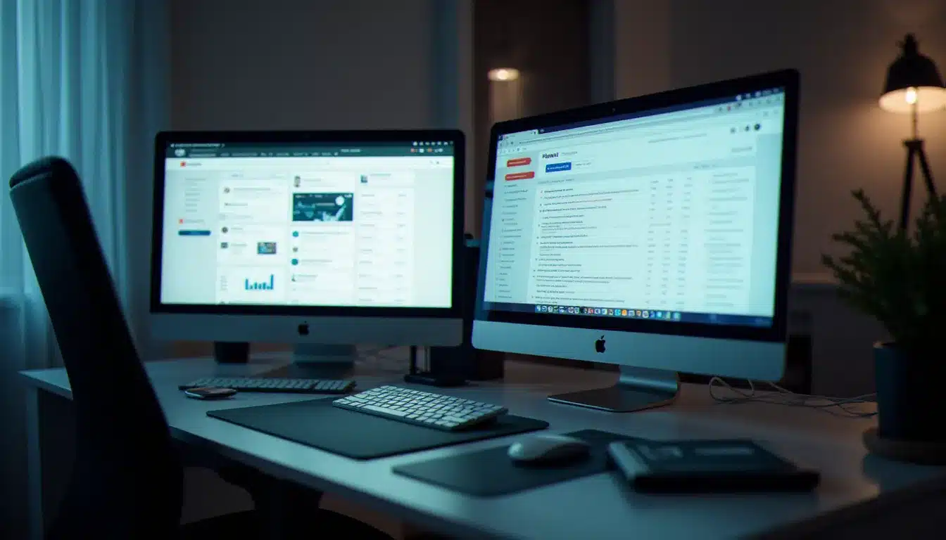 Deux écrans d'ordinateur côte à côte montrant des interfaces de messagerie différentes pour illustrer la comparaison entre AOL Mail et ses concurrents