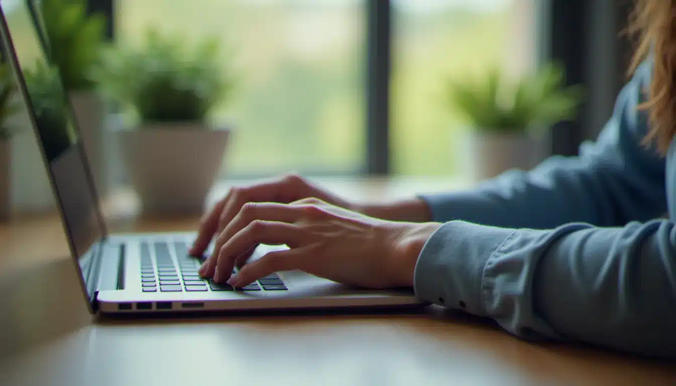 Personne utilisant AOL Mail sur un ordinateur portable posé sur un bureau en bois, lumière naturelle