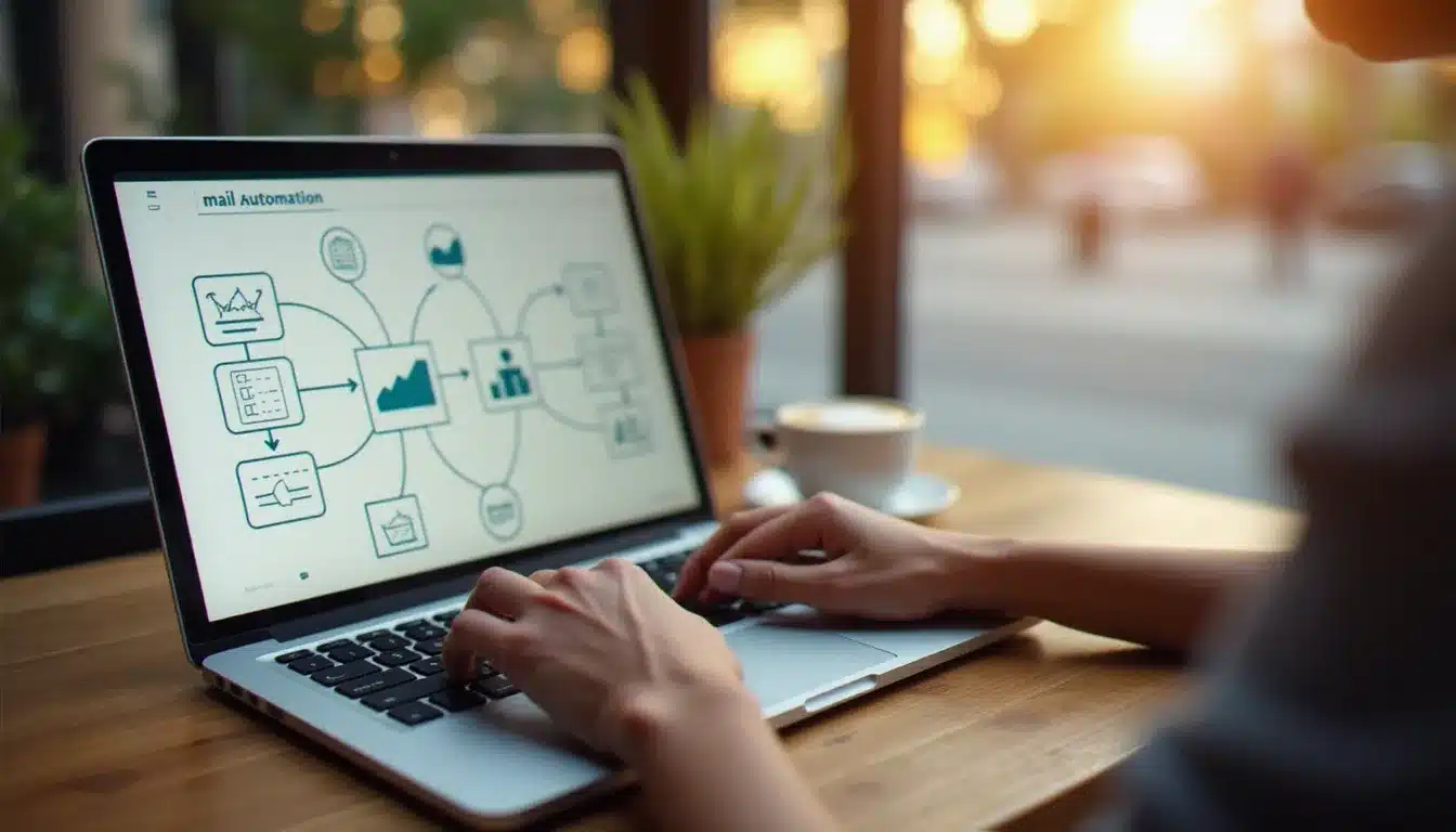 Mains sur un clavier d'ordinateur portable en train de configurer un workflow d'automatisation d'emails, dans un café lumineux