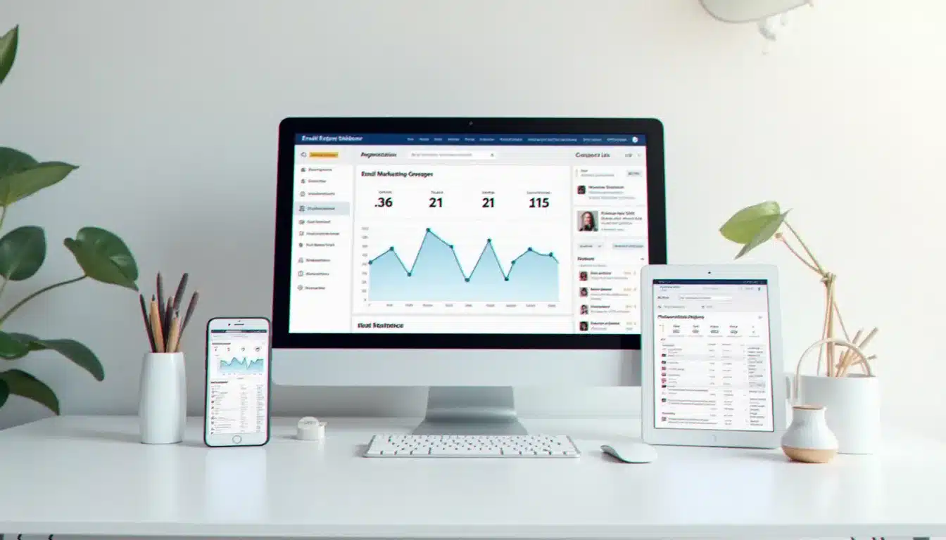 Trois appareils numériques affichant des tableaux de bord de marketing digital en parallèle, représentant la comparaison d'outils comme Brevo face à ses concurrents