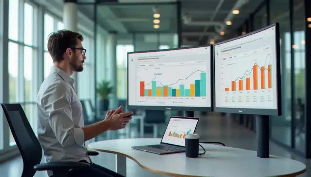 Professionnel analysant des statistiques d'email marketing sur un écran, dans un espace de travail lumineux, illustration de l'utilisation de Brevo
