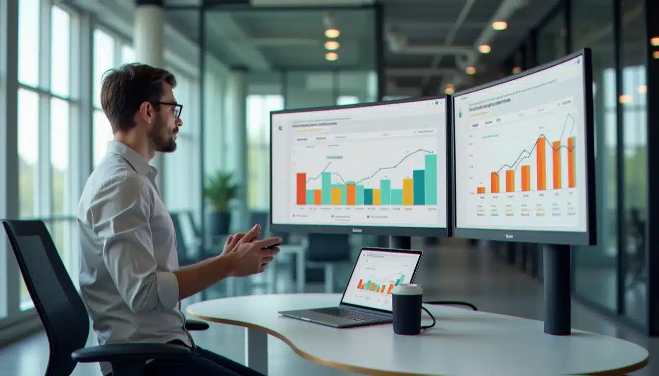 Professionnel analysant des statistiques d'email marketing sur un écran, dans un espace de travail lumineux, illustration de l'utilisation de Brevo