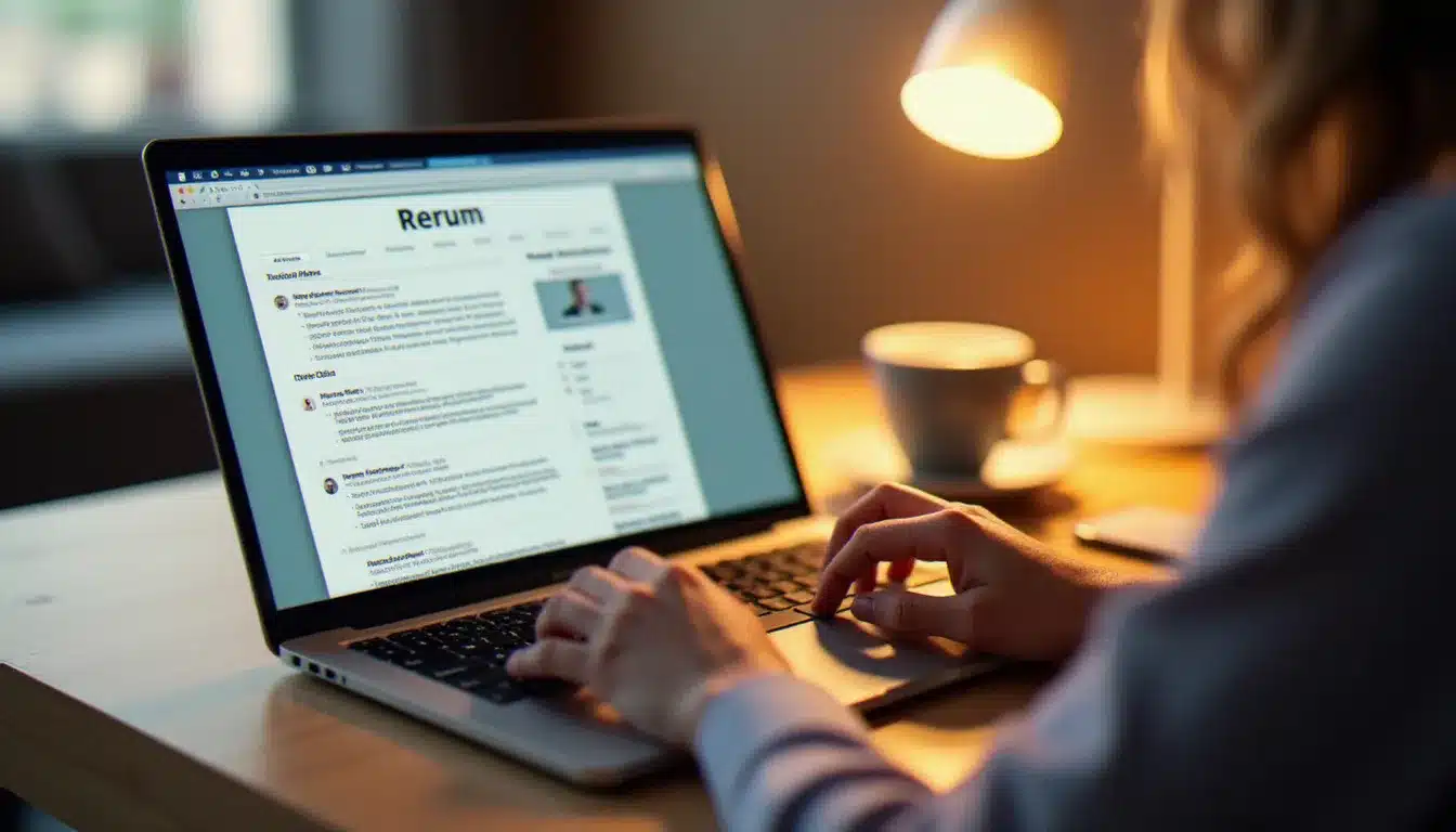 Mains au-dessus d'un clavier d'ordinateur portable avec un modèle de CV affiché à l'écran lors de la création d'un CV en ligne