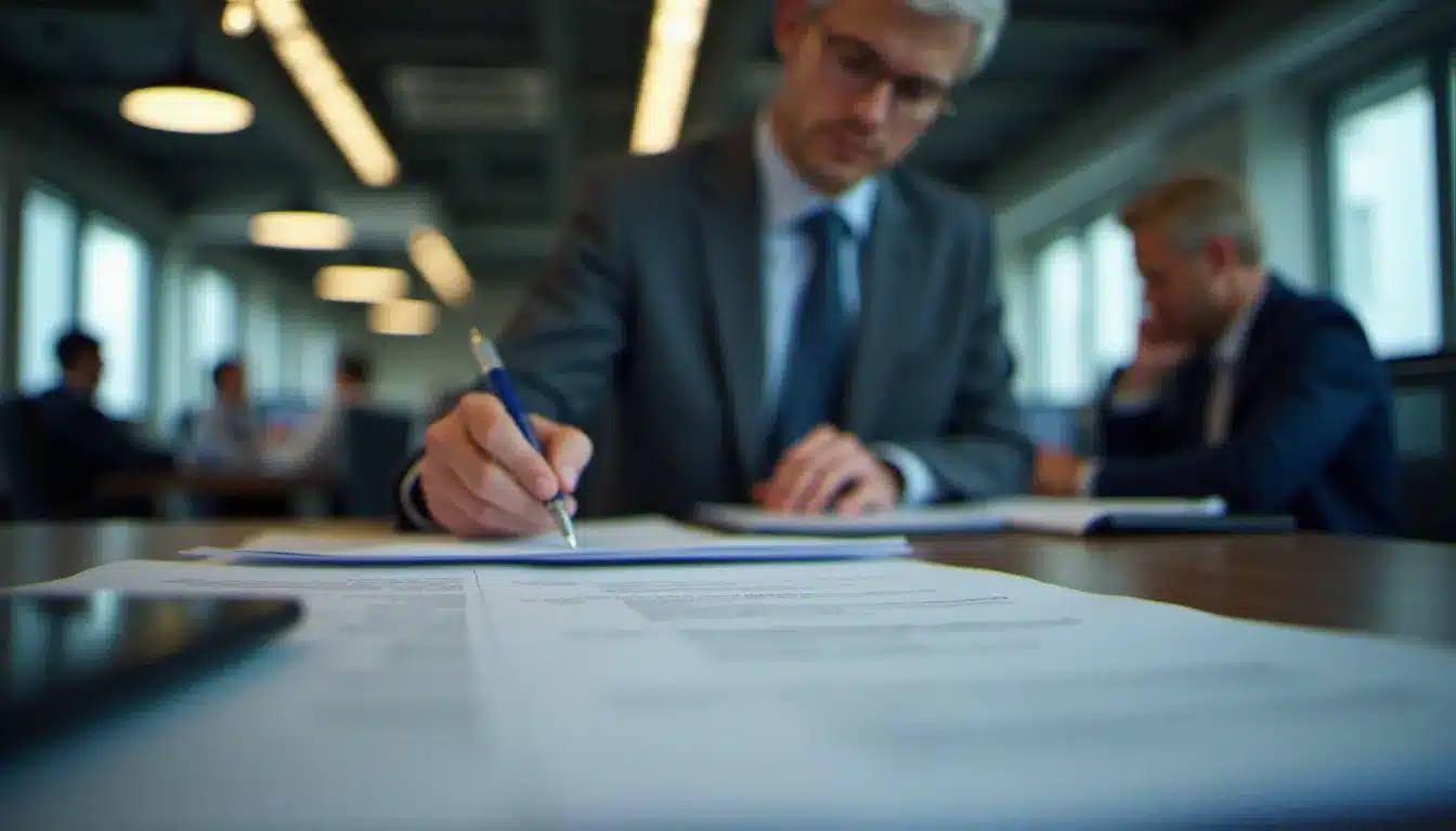 Un recruteur en entreprise examinant attentivement des CV imprimés posés sur son bureau dans un open space professionnel