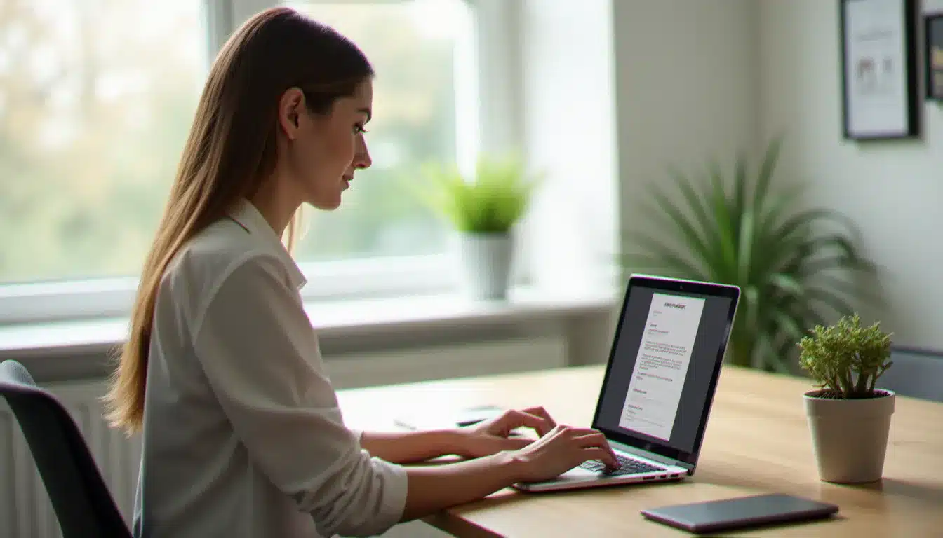 Une professionnelle créant un canva cv sur son ordinateur portable dans un bureau minimaliste et lumineux