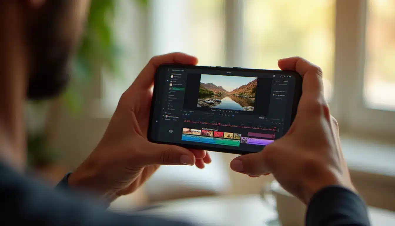 Gros plan sur des mains tenant un smartphone avec une interface de montage vidéo affichant une timeline multi-pistes colorée