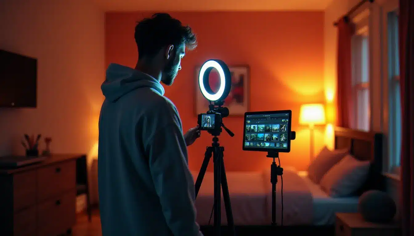 Un créateur de contenu filmant une vidéo courte dans un studio maison avec éclairage annulaire et trépied pour les réseaux sociaux