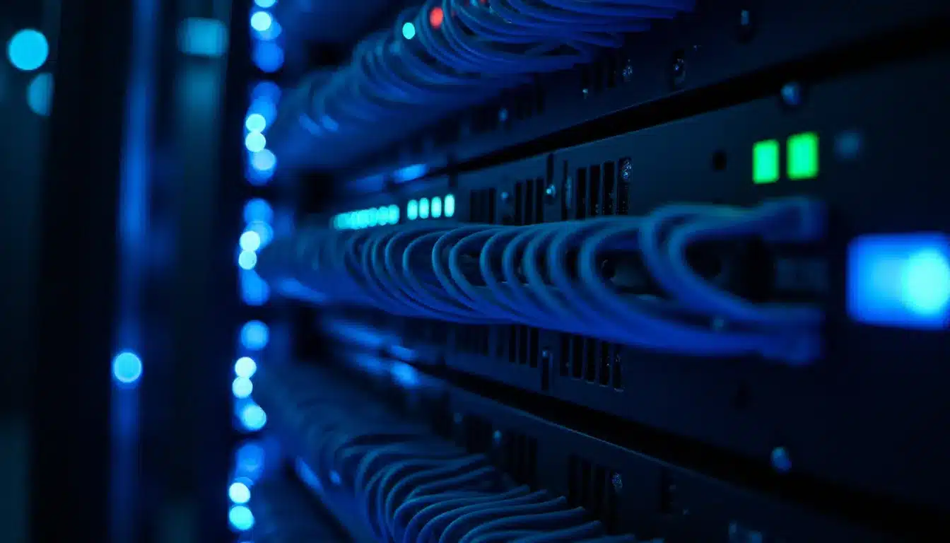 Vue rapprochée d'un rack de serveurs de data center avec des câbles réseau et des voyants lumineux bleus, représentant l'infrastructure technique derrière les modèles de langage comme GPT-4
