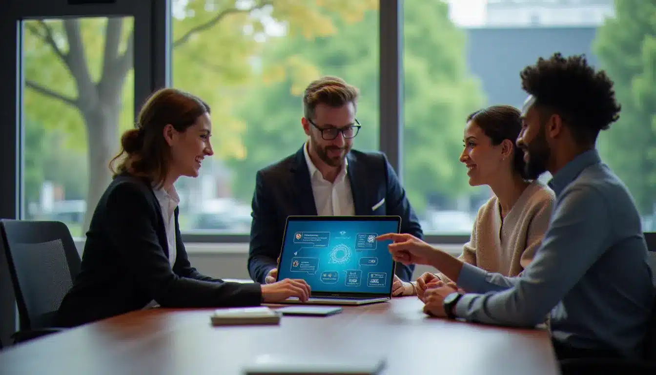 Trois professionnels réunis autour d'un ordinateur portable dans un bureau moderne, consultant ensemble un assistant IA conversationnel pour améliorer leur productivité au quotidien