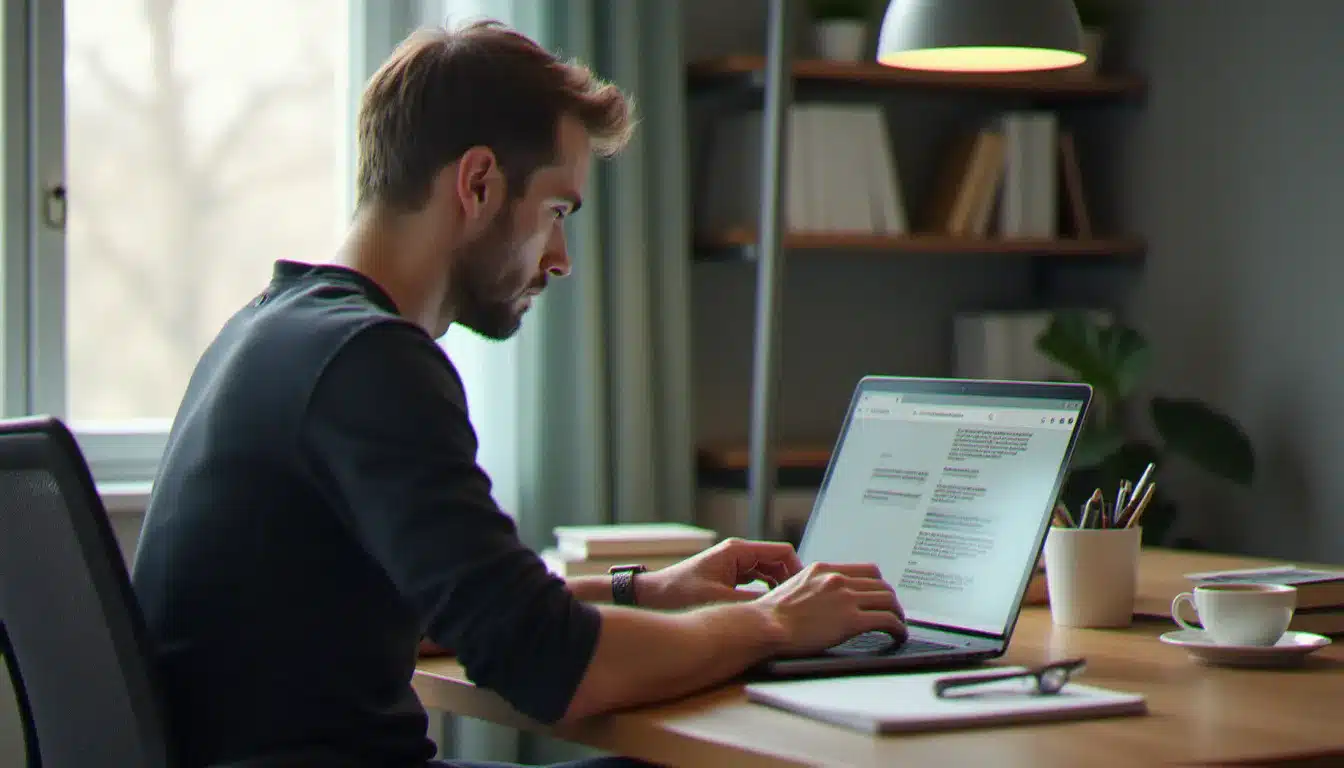 Un rédacteur tech utilisant chat gpt 4 sur son ordinateur portable dans un bureau minimaliste éclairé à la lumière naturelle