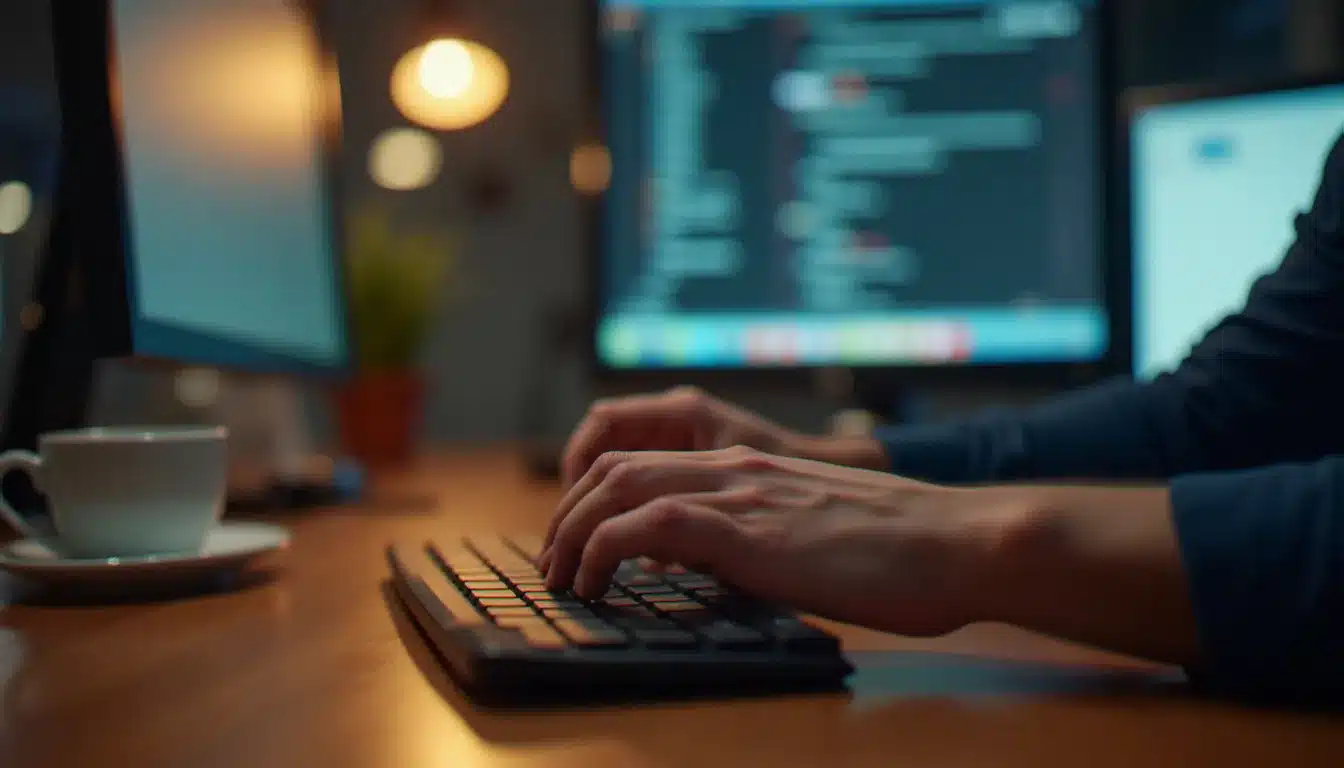 Mains d'un utilisateur tapant sur un clavier pour accéder à une interface de chat IA, illustrant la connexion à ChatGPT gratuit