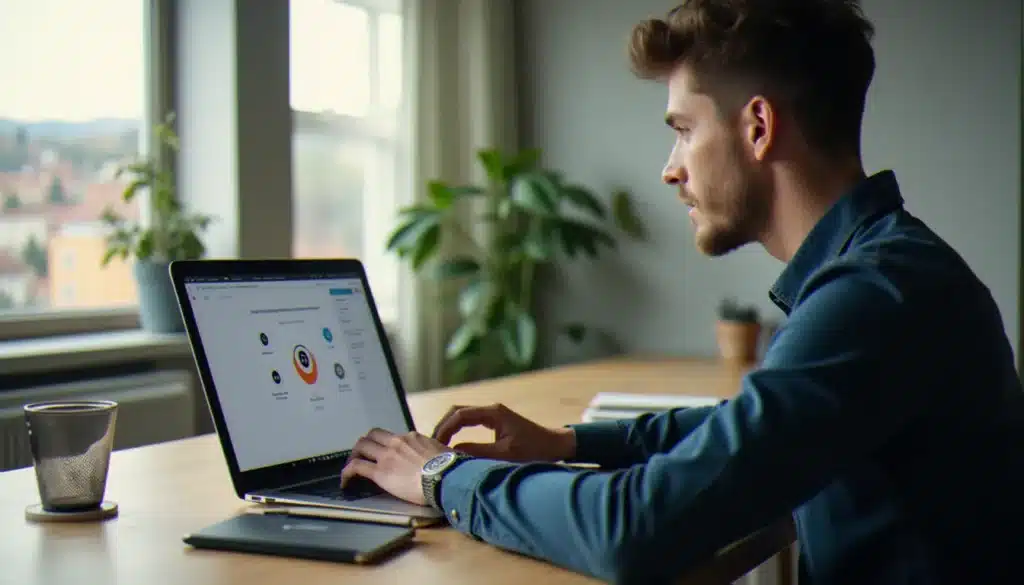 Un homme utilisant ChatGPT gratuit sur son ordinateur portable dans un bureau moderne éclairé à la lumière naturelle