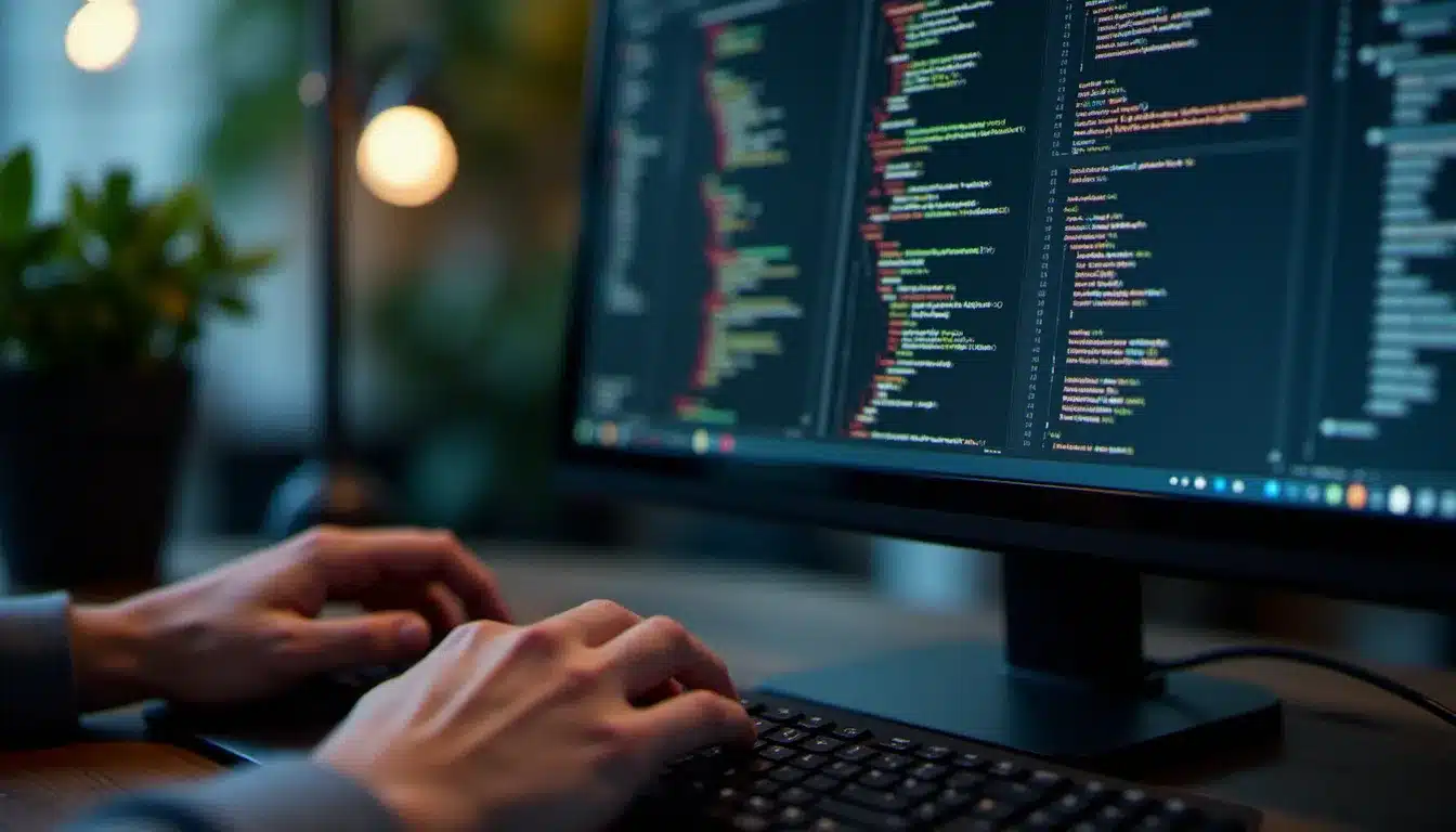 Écran d'ordinateur avec éditeur de code et interface claude ia ouverts en parallèle