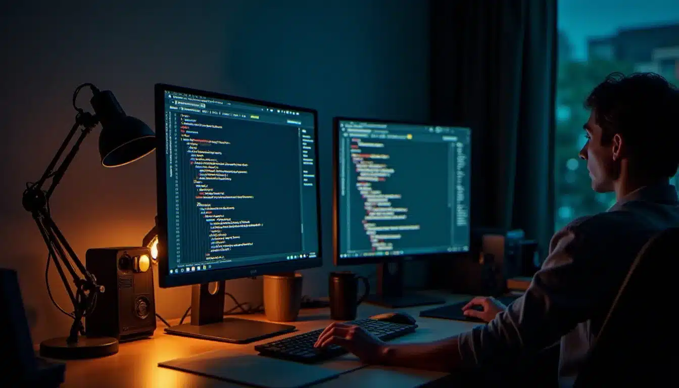 Développeur web travaillant avec les outils de développement d'un navigateur pour analyser la structure DOM d'une page web
