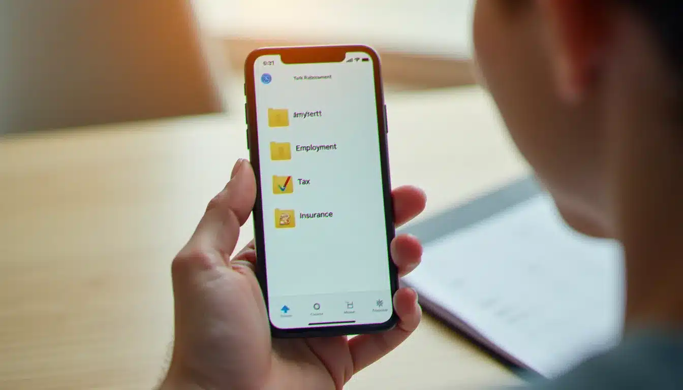 Smartphone affichant une interface de gestion de documents numériques avec des dossiers organisés par catégorie, similaire à l'application Digiposte